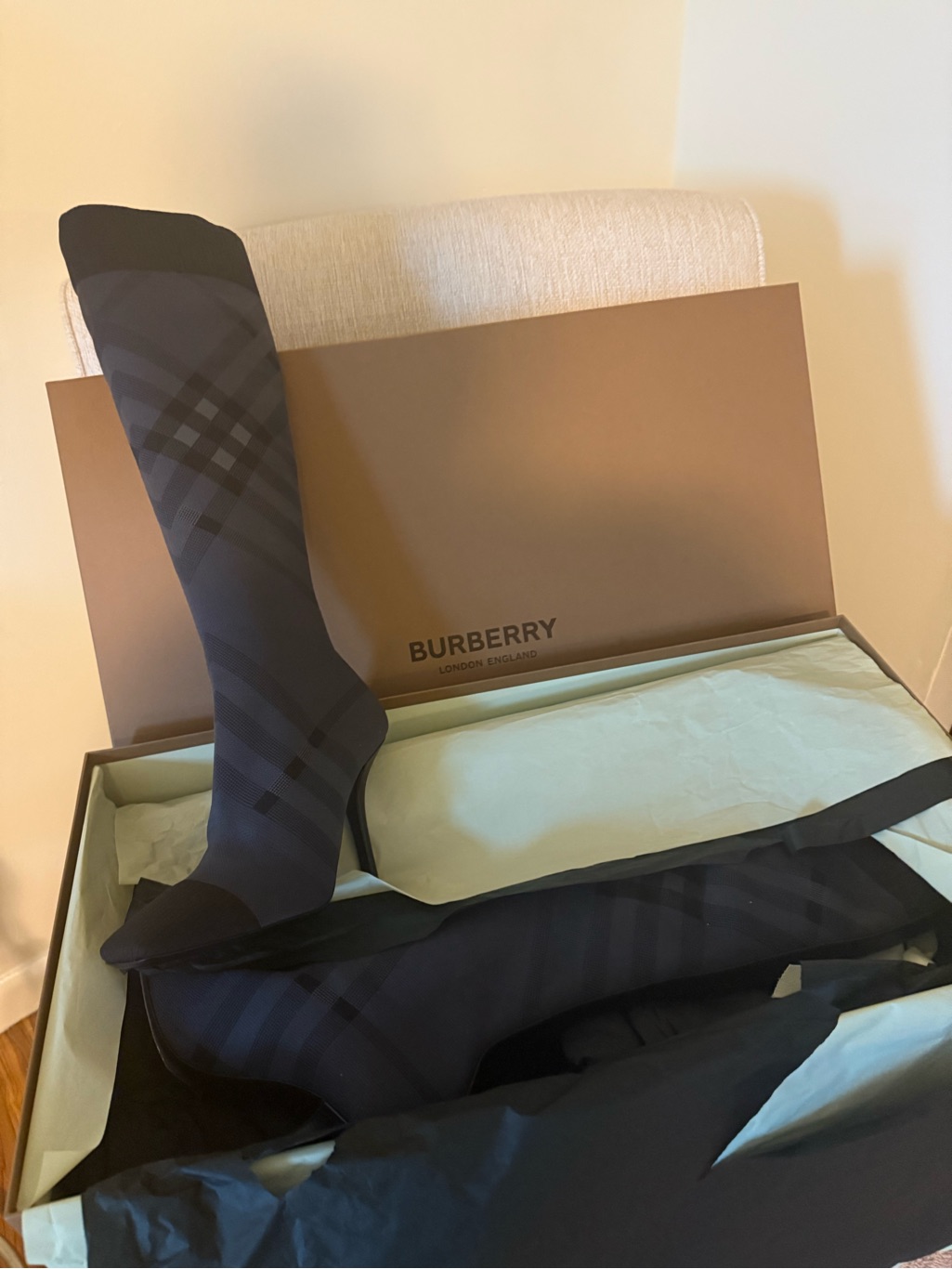 Burberry Navy And Black Tonal Check Boots